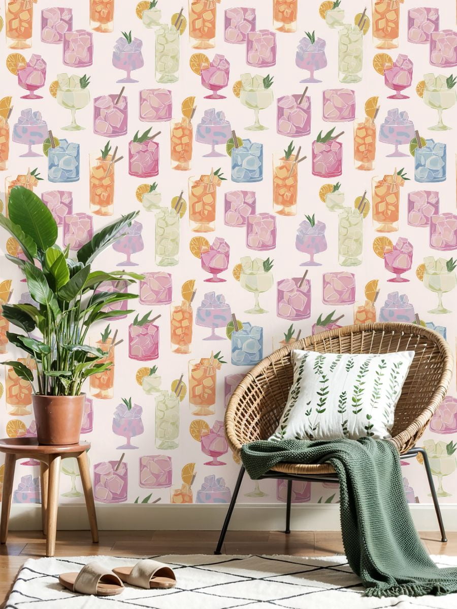 Peel and Stick Wallpaper Colorful Cocktail Glass Ice Cubes Citrus Pastel Style Wall Mural 17.7in x 9.8ft Self Adhesive Removable Wall Paper Renter Friendly Wallpaper for Nursery Bedroom Cabinets