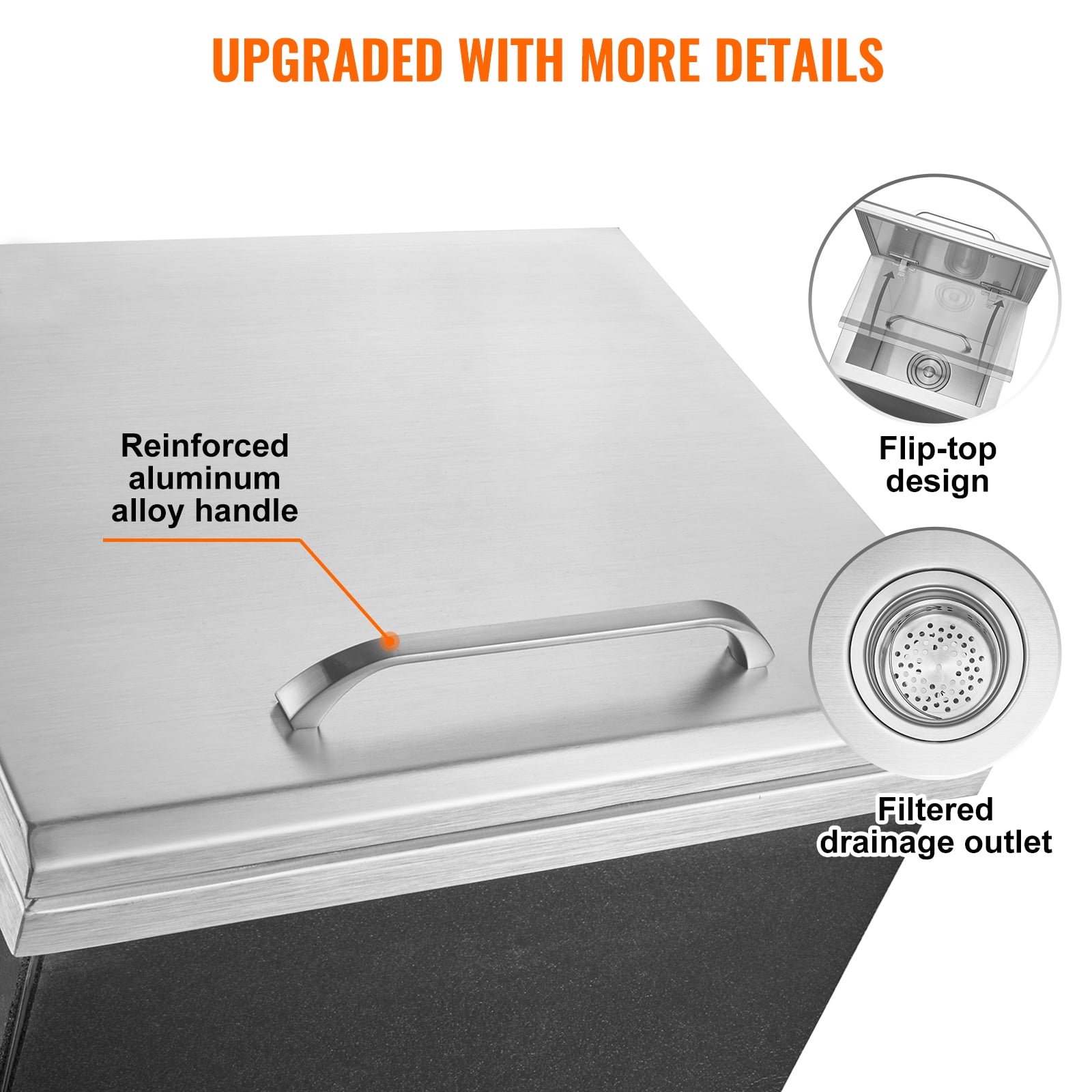 KFFKFF Inset Ice Storage, 14"L x 12"W x 18"H Stainless Steel Chilled Container, Professional Ice Holder with Flip Lid, 40 qt Patio Kitchen Ice Station, Drainage Tube and Drain Stopper Included