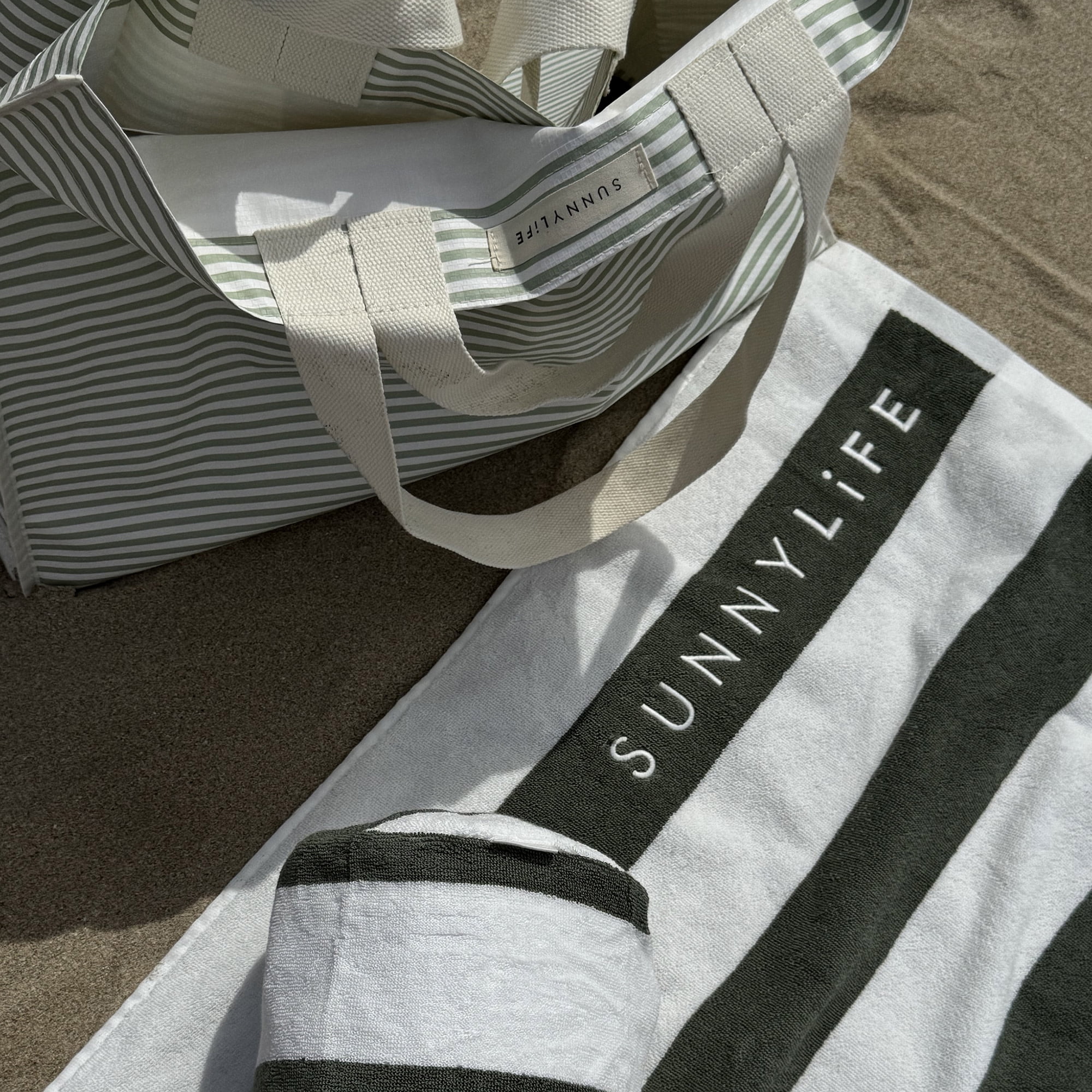 Sunnylife: Inflatable Beach Pillow - The Vacay Olive Stripe - 14x6" Cylinder Neck Pillow, 450gsm Terry Toweling Removable Cover, Pool-Sand-Outdoor