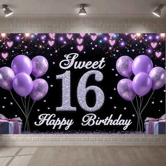 Purple Theme Sweet 16 Banner Glittery Design Backdrop Balloon Decor Golden Number 16th Birthday Display for Sweet 16 Party Teen Birthday Girls' Celebration
