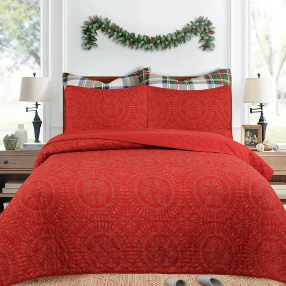 MarCielo 3 Pcs Red Christmas Quilt Bedspread Set Medallion Queen