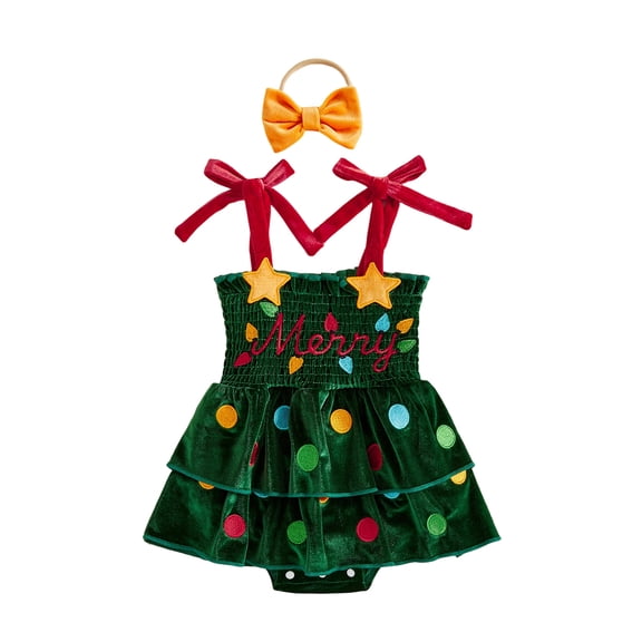RUINIXCW Baby Girl Christmas Romper Dress Bobbles Embroidery Bodysuits with Headband