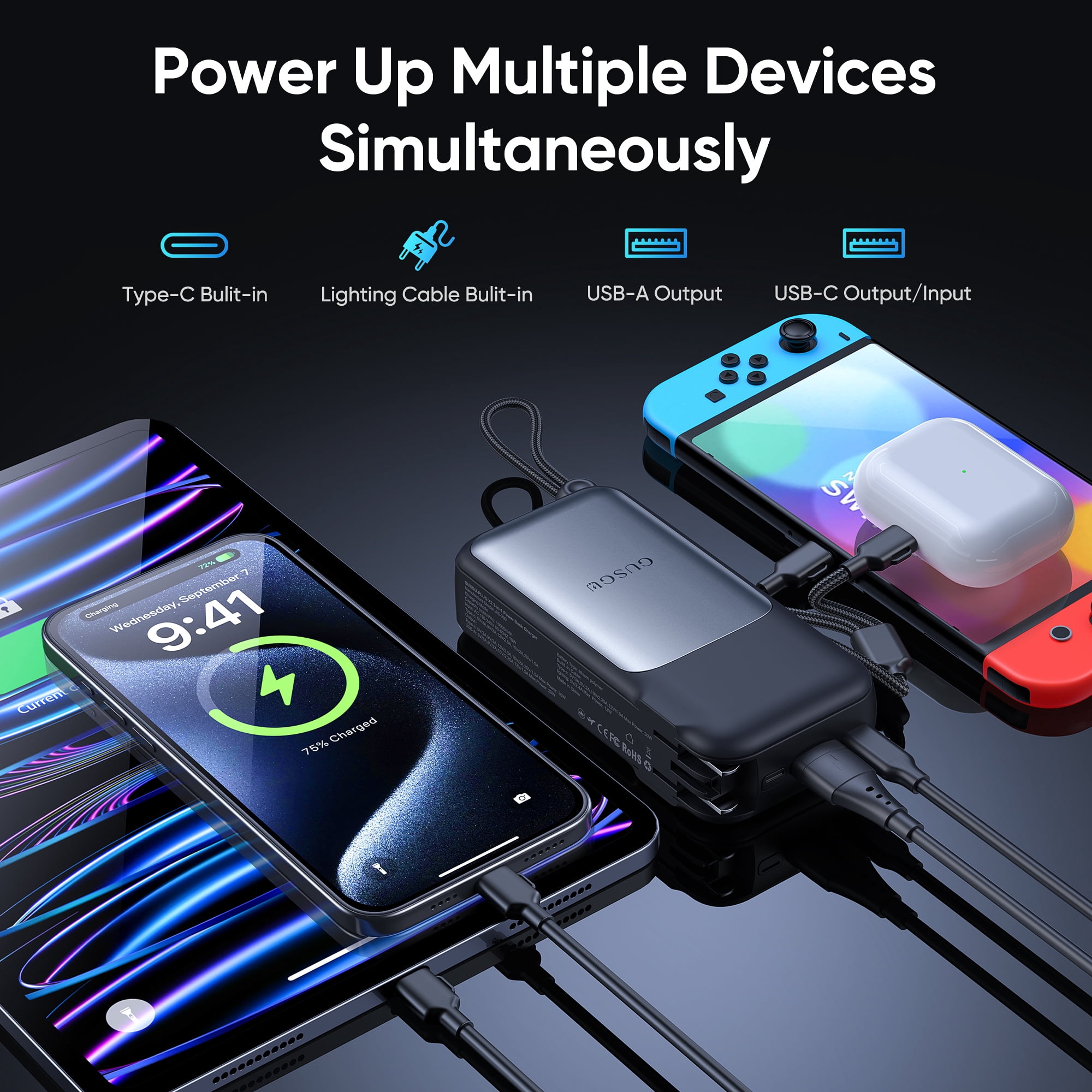 GUSGU 10000mAh Airline Approved  Power Bank, 30W Max Portable Battery Pack with Lightning/USB C Cable, Cell Phone Travel Charger with Foldable AC Plug for iPhone 15/16, iPad, Samsung, Google