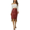 thumbnail image 2 of INSPIRE CHIC Womens' High Waist High Low Hem Belted Knot Button Decor Side Leather Skirt M Wine, 2 of 6