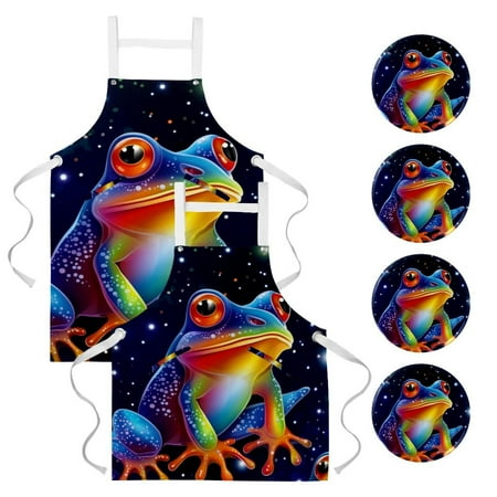 

2Pcs Colorful Art Frog Versatile Aprons Set - Kitchen Baking Cooking Restaurant Use - Men Women and Kids - Waterproof Pockets & Adjustable Straps-Canvas Aprons