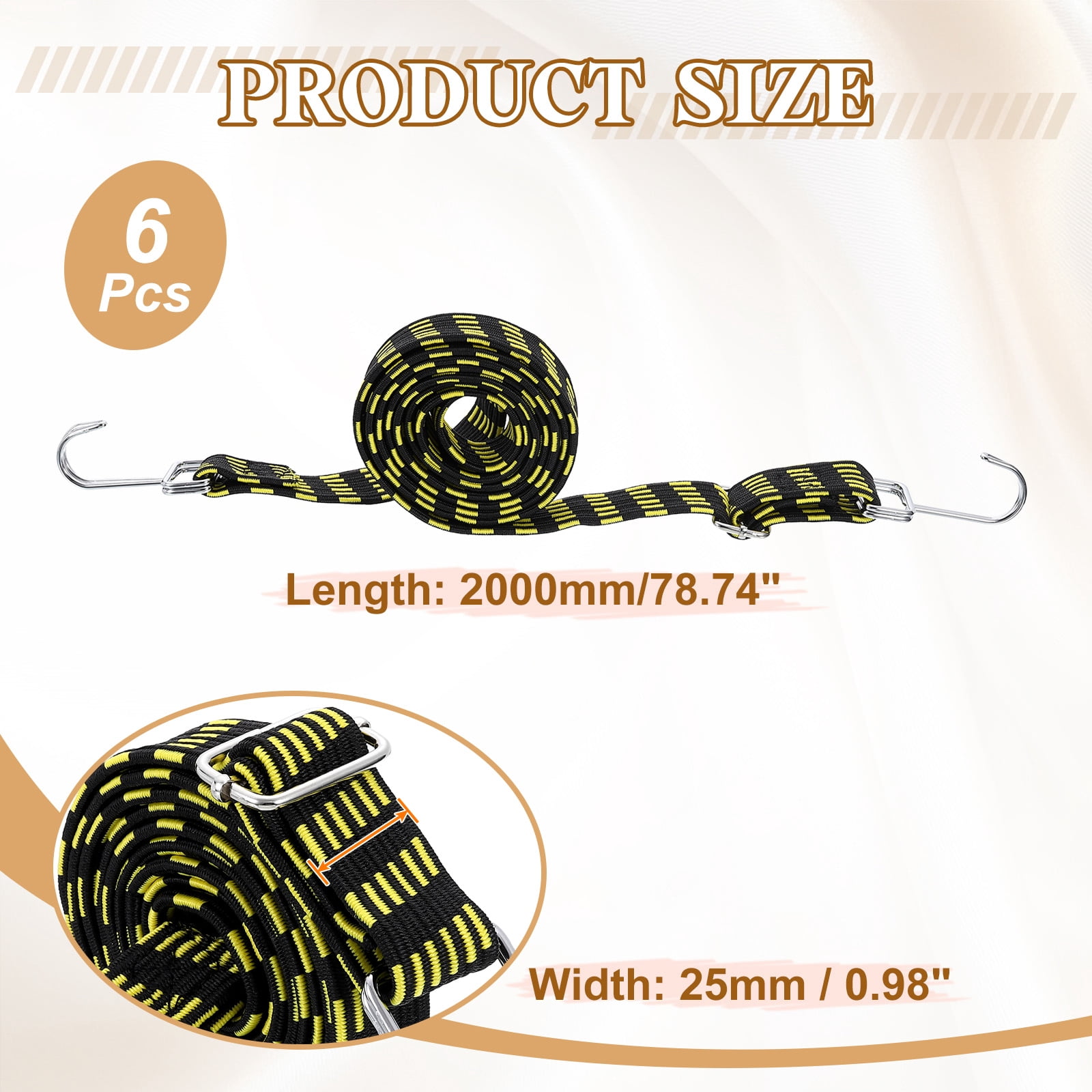 Uxcell 6 Pack Adjustable Bungee Cords with Hooks, 79 Inch Flat Heavy Duty Elasticity Straps Rubber Bungee Cords with Buckle for Outdoor, Camping, Tarp, Bike Rack, Luggage, Black Yellow