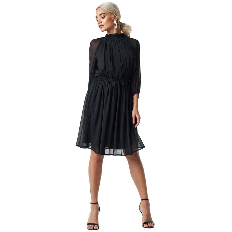 High Neck Elastic Waist Puff Dress Black