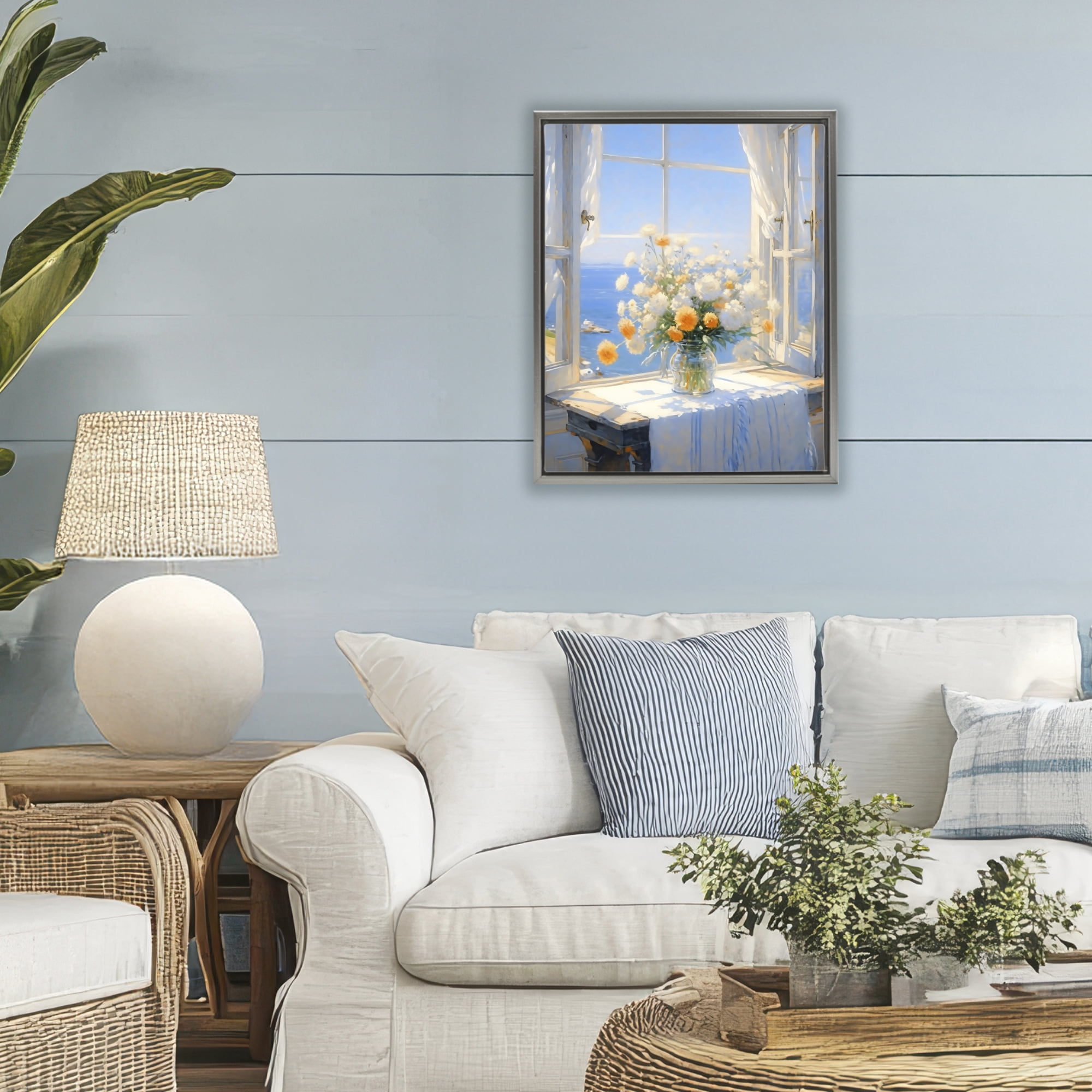Stupell Industries Floral Window View of Sea Gray Framed Floater Canvas Wall Art, design by Creative Studio
