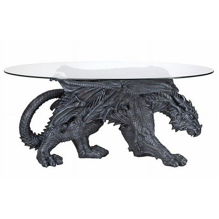 Faux Stone Medieval Gothic Prowling Dragon Sculptural Oval Coffee End Table