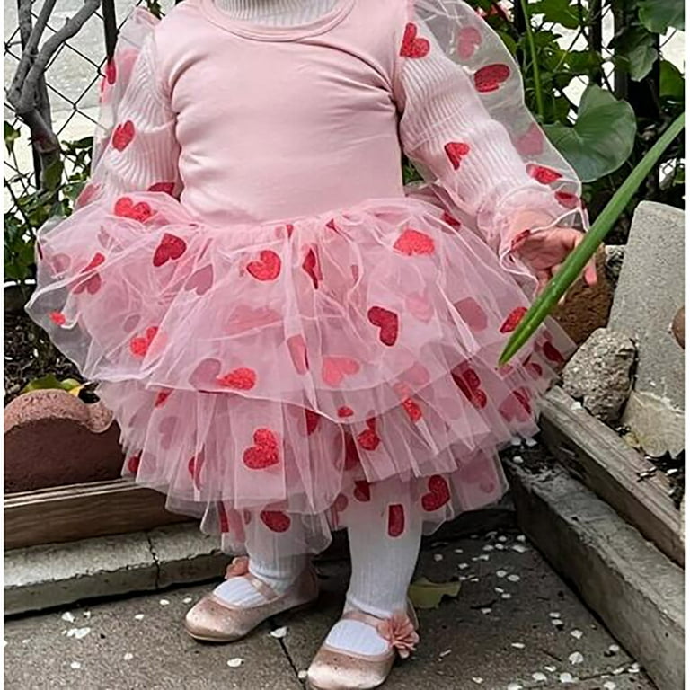 Toddler Baby Girls Valentines Day Dress Heart Print Puff Sleeve