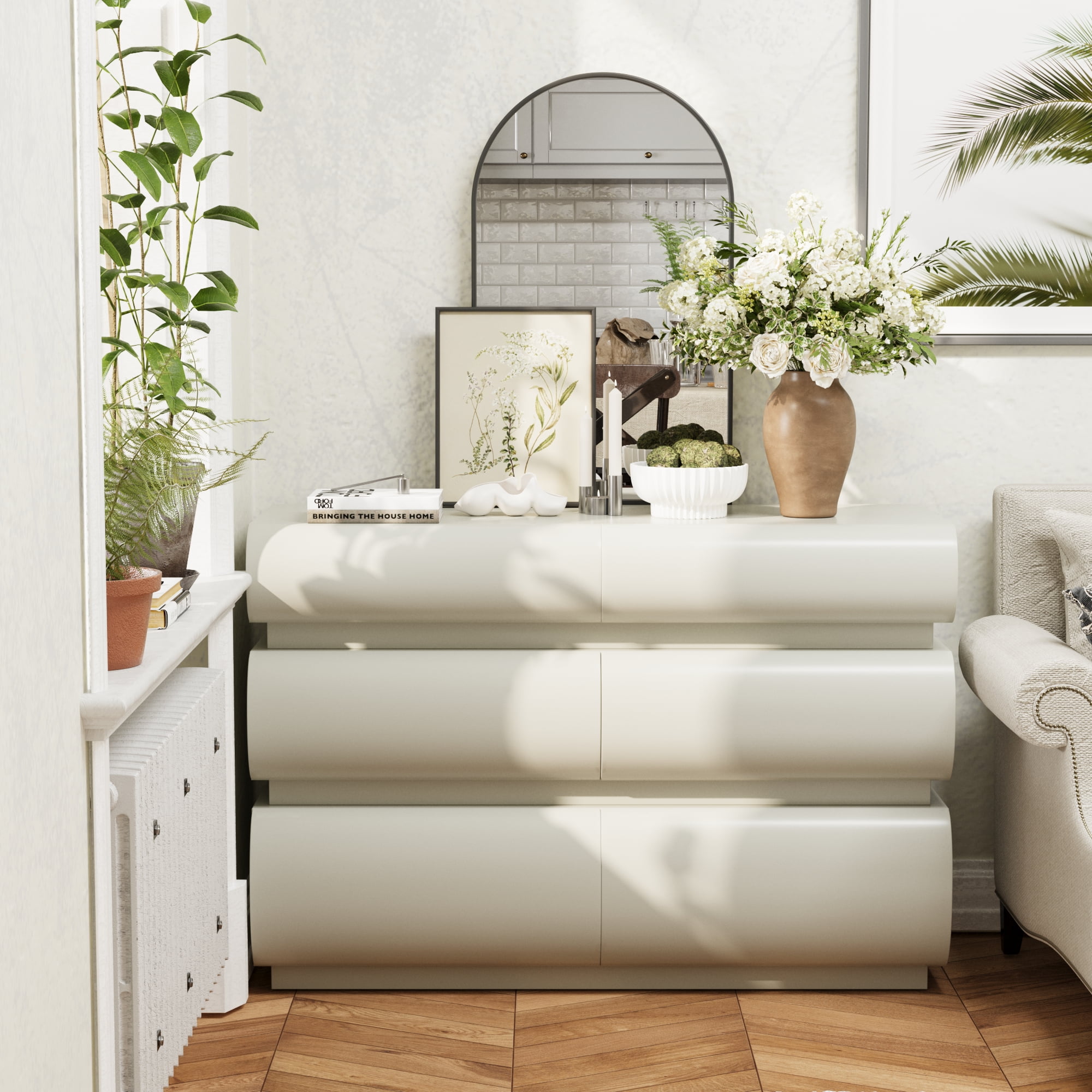 FFZ 6 Drawer Dresser, White Modern No Handle Storage Chest With Wide Space For Bedroom