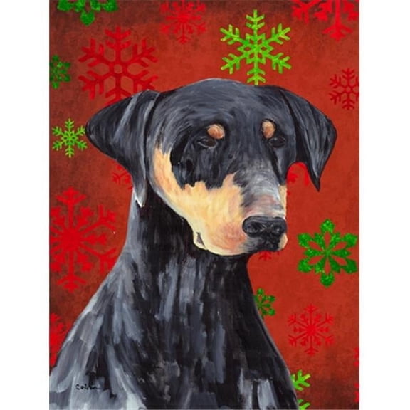 11 x 15 in. Doberman Red and Green Snowflakes Holiday Christmas Garden Size Flag