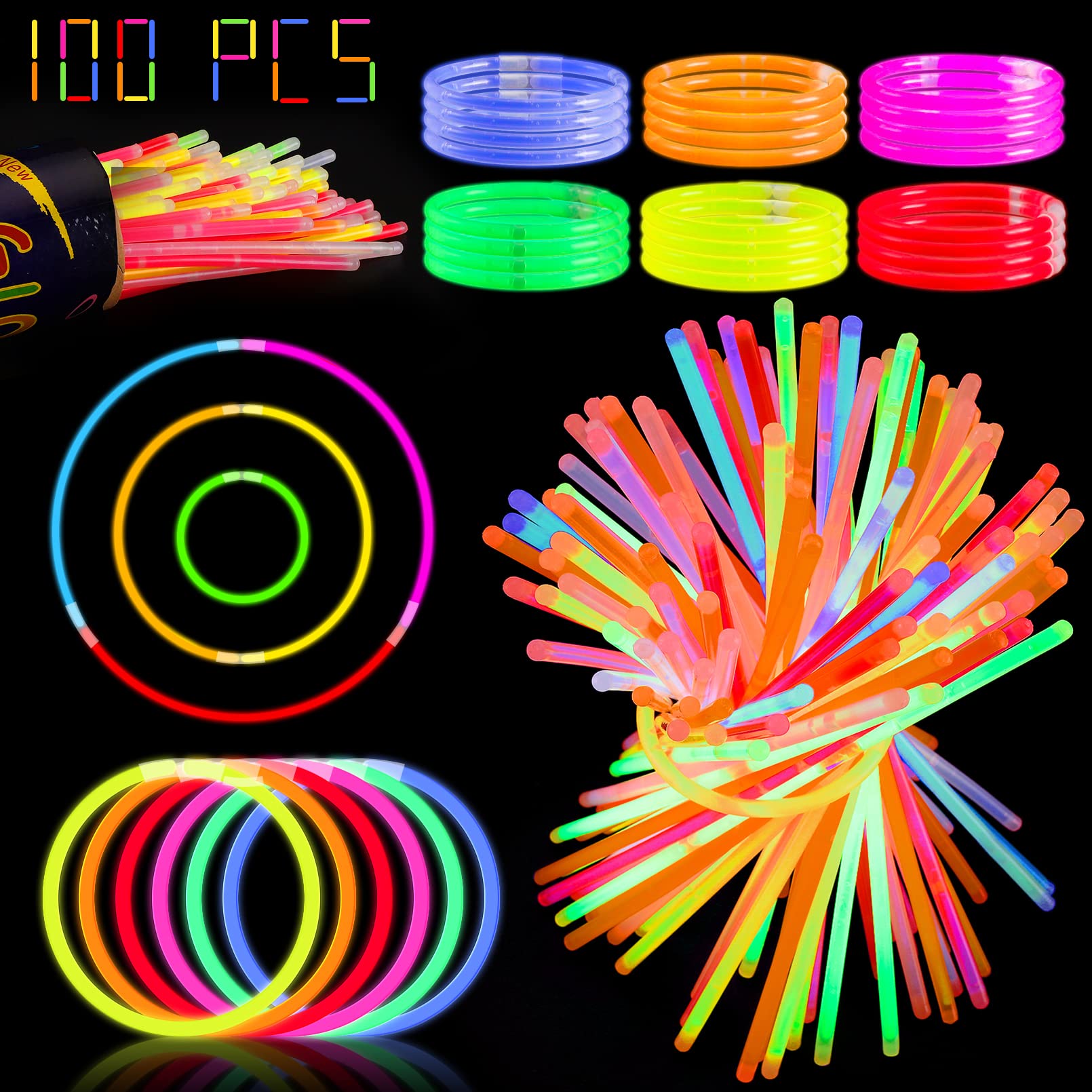 100Pcs Glow Sticks,8" Glowsticks,Glow In The Dark Sticks,Light Up