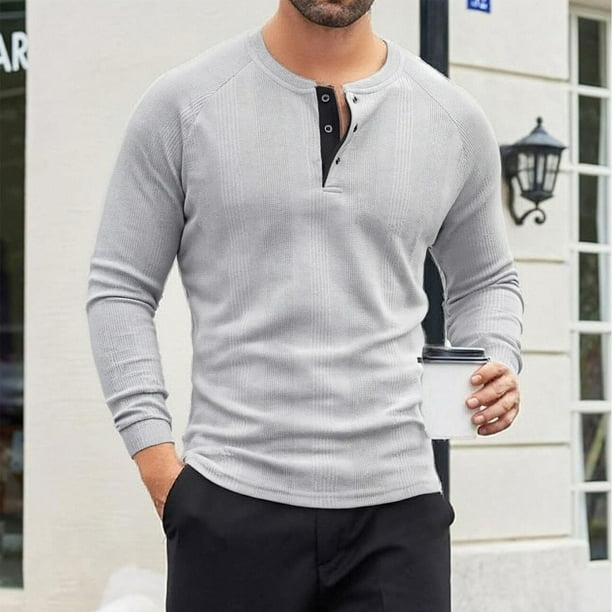 pstuiky camisa de manga larga para hombre, Blusa/camisa informal y moderna de color liso con cuello redondo y botones en bloques de color para hombre Tops de hombre l