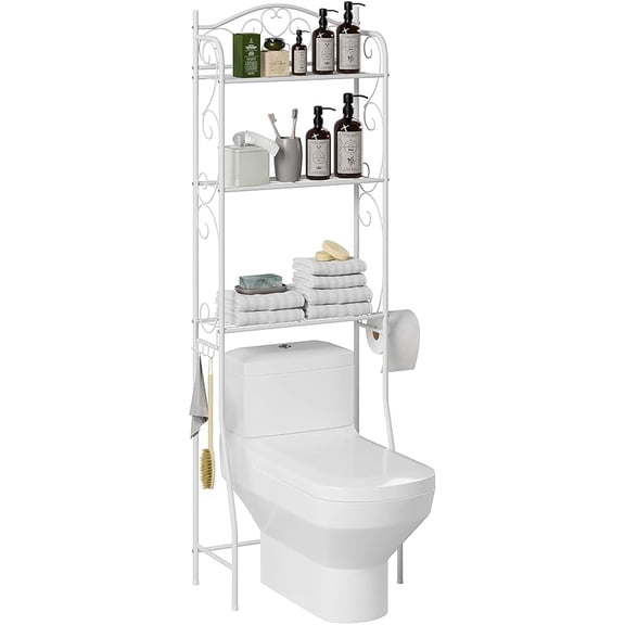 WSWJY Over The Toilet Storage Shelf, 3-Tier Over Toilet Bathroom Organizer Rack, Freestanding Space Saver Toilet Stands with Hooks (White)