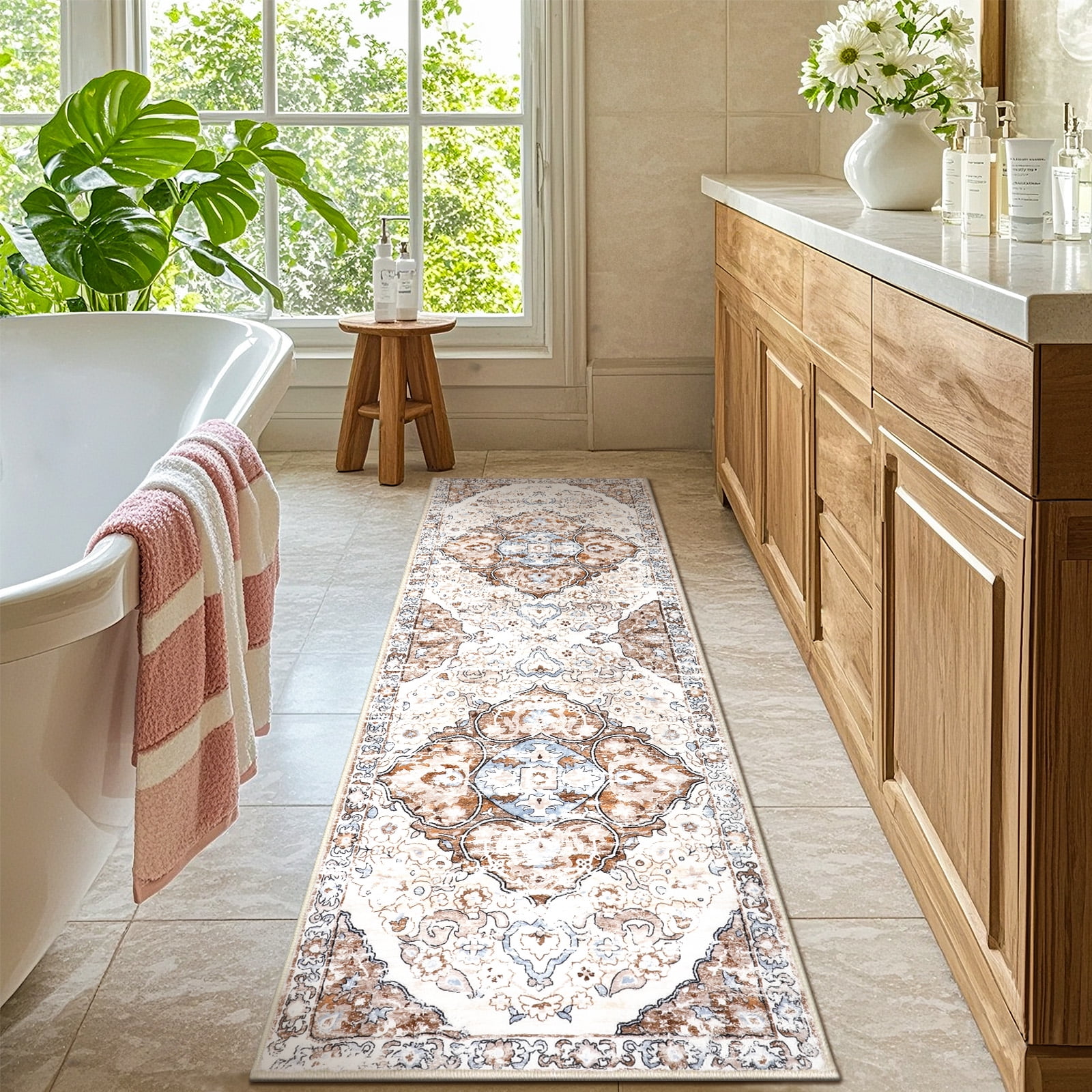 MeyJey Boho Indoor Hallway Runner Rug 2'x6', Oriental Non Slip Machine Washable Area Rug Distressed Vintage Floor Carpet for Bedroom Kitchen Dinning/Living/Laundry Room, Beige/Brown