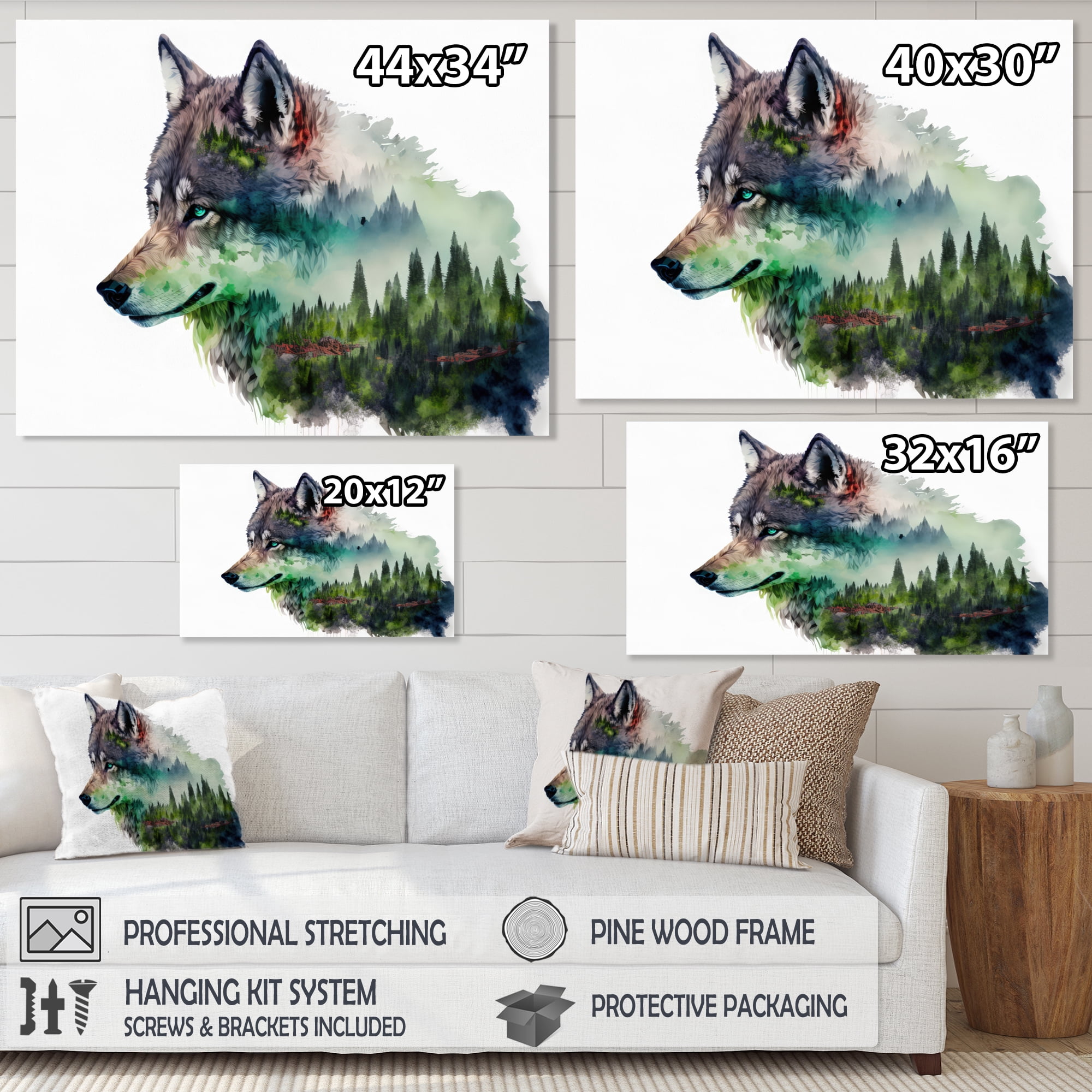 Designart Double Exposure Of A Wolf With Forest Landscape Canvas Wall Art