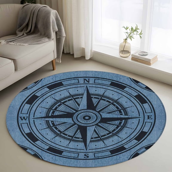 Round Rugs 3Ft, Blue Compass Nautical Round Area Rug Washable Indoor Throw Carpet, Coastal Vintage Small Non Slip Circle Rug for Bedroom Living Room Home Decor Aesthetic