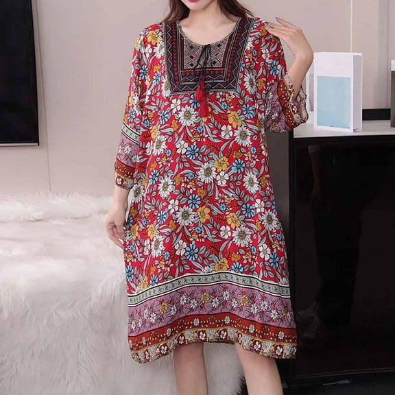 Taylonsss Womens Summer Dress Ethnic Round Neck Short/Three-Quarter Sleeve Cotton Poplin Print Boho Casual Maxi Dress