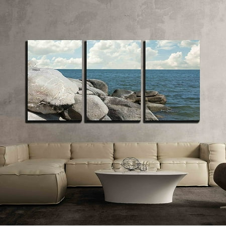 wall26 - 3 Piece Canvas Wall Art - Rocks, Sea and Blue Sky - Modern Home Decor Stretched and Framed Ready to Hang - 16"x24"x3 Panels