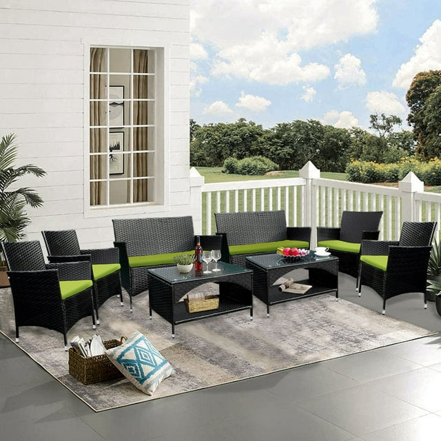 Outdoor Patio Conversations Set, YOFE 8 Piece Rattan Sectional Sofa Set 8 Seats, Outdoor Furniture Small Patio Set with 2 Table, 4 Armchairs, 2 Double Sofa, Black Wicker, Green Cushions, D3016