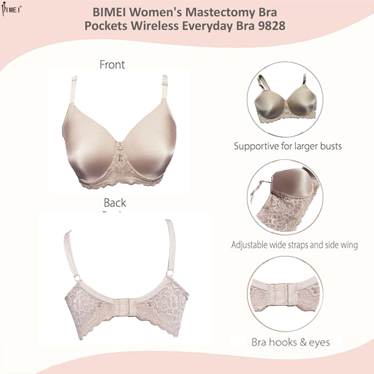 BIMEI Women's Mastectomy Bra Pockets Seamless Molded Bra Lace Contour  Post-Surgery Invisible Pockets for Breast Forms Everyday Bra 9828,Nude, 40B
