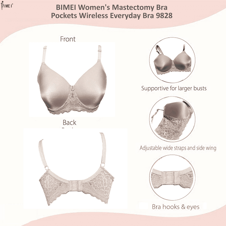 BIMEI Women's Mastectomy Bra Pockets Seamless Molded Bra Lace Contour  Post-Surgery Invisible Pockets for Breast Forms Everyday Bra 9828,Nude, 40B
