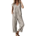 thumbnail image 2 of Purcolt Cotton Linen Jumpsuits for Women Summer Casual Turn Down Collar Loose Rompers Boho Vintage Wide Leg Baggy Overalls S-5XL, 2 of 9