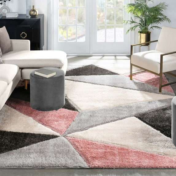 Well Woven Walker Pink Triangle Boxes Thick Soft Plush 3D Textured Shag Area Rug 5x7 (5'3" x 7'3")
