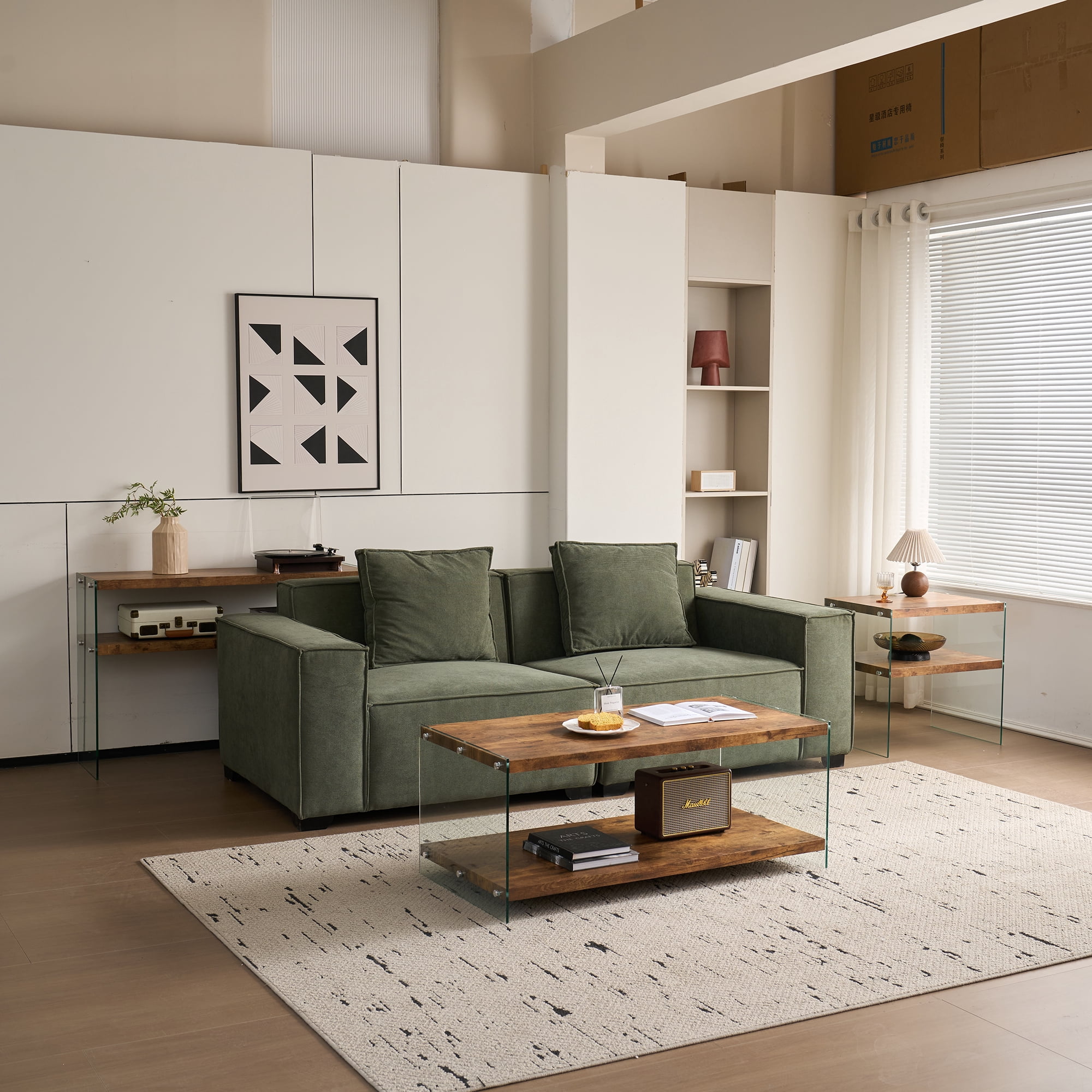 MDF Coffee Table, Small Tea Table with Tempered Glass Top and Walnut Finish, Living Room Sofa Table for Home Office Restaurant Outdoor, Easy to Clean and Safe with Rounded Edges
