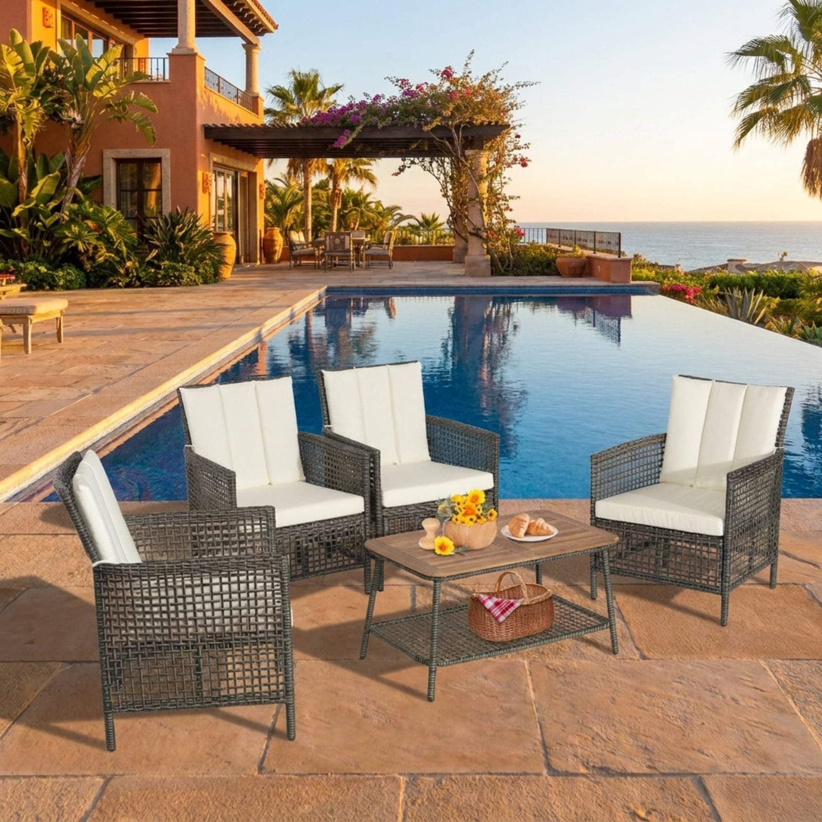 Furnibear 5 Piece Patio Rattan Furniture Set Outdoor Wicker Sectional Sofa Set with Cushions Armrest and Acacia Wood Tabletop, Off White