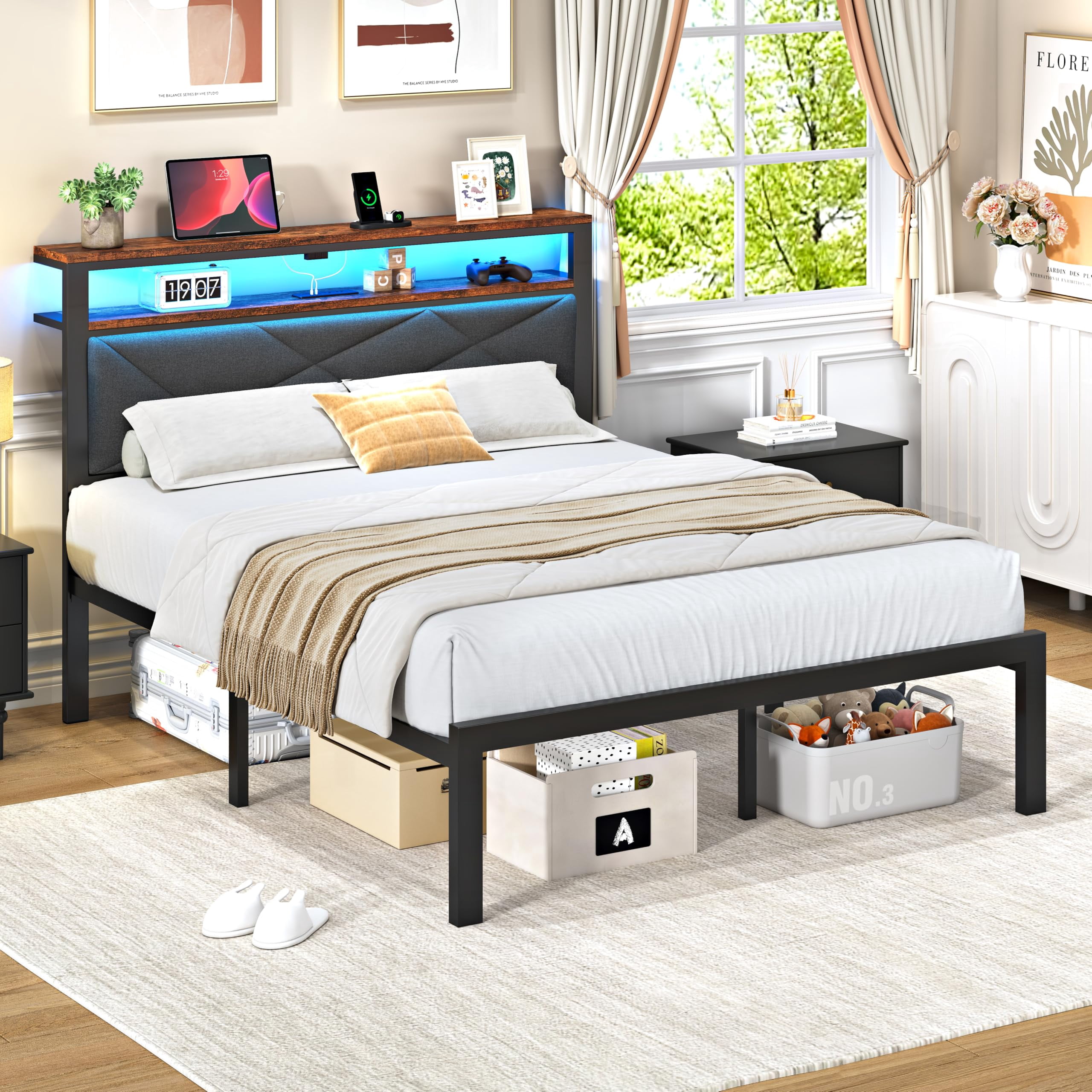 ChicZhiNest Queen Size Bed Frame with Storage Headboard and LED Light, Metal Platform Bed with Charging Station, Dark Gray
