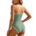 thumbnail image 3 of WEIGFI Womens Swimsuit One-Piece Spaghetti Strap Crew Neck Beachwear Solid Color Patchwork Bathing Suit Tummy Control Lovely Pool Swimsuit,Army Green,L, 3 of 6