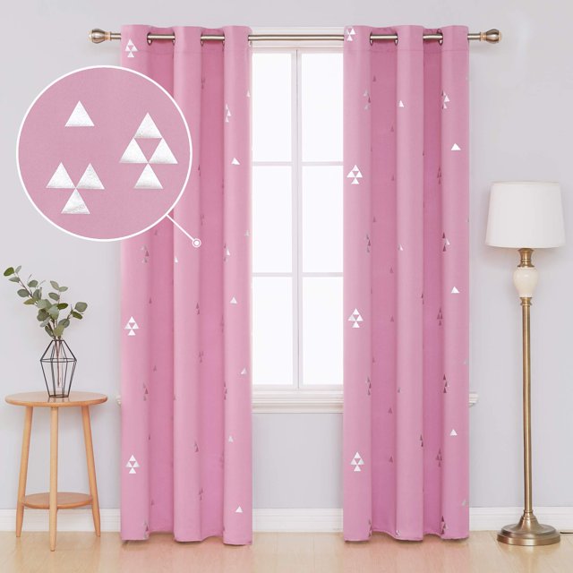 Cortinas opacas Deconovo con estampado triangular, aislamiento térmico, ojales y paneles de protección solar, color rosa, 96 cm de ancho x 213 cm de largo, para dormitorio u oficina.
