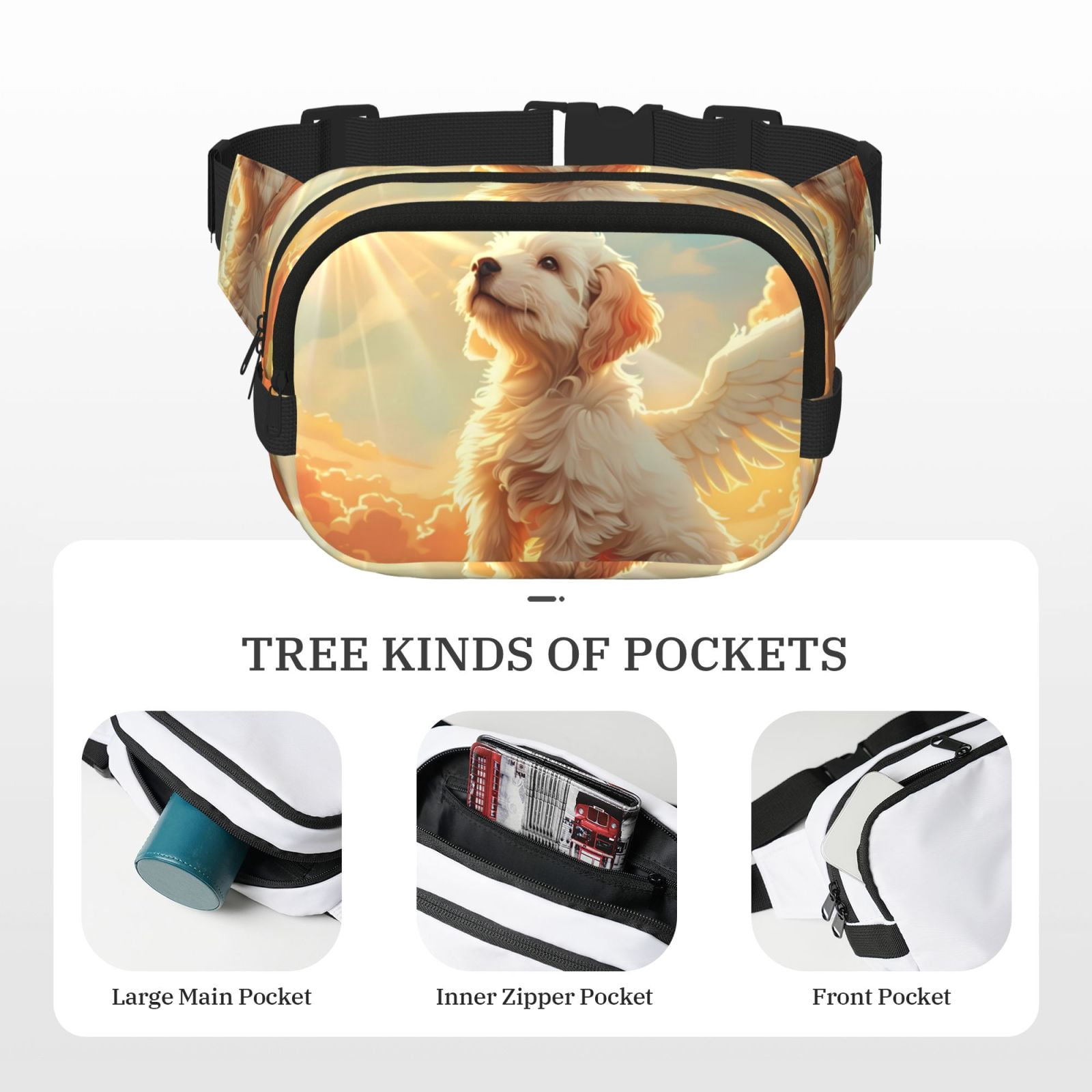 Picia Sunshine Golden Cloud Dog Print Square Double-Layer Waist Bag Mini Adjustable Waist Belt Bag Exercise Running Travel Hiking