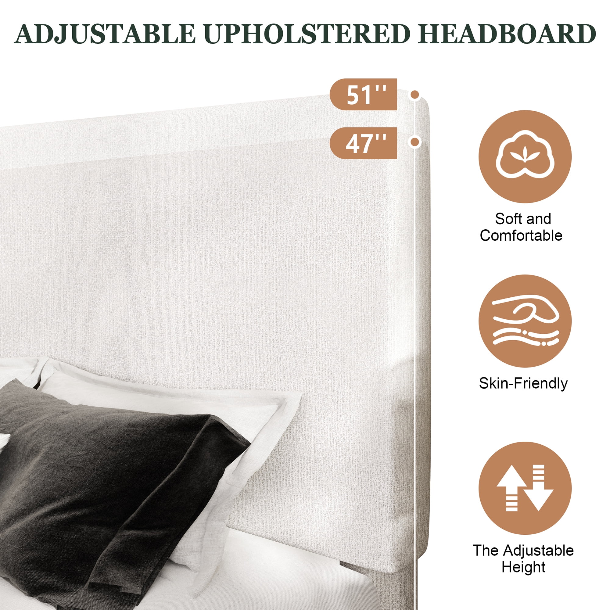 Amolife Queen Bed Frame, Platform Bed Frame with Upholstered Adjustable Headboard, White, Nubby Fabric