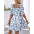 thumbnail image 3 of Womens Casual Summer Dresses Short Sleeve Square Neck Smocked Boho Floral Sundress Flowy A-Line Mini Dress  Blue S, 3 of 4