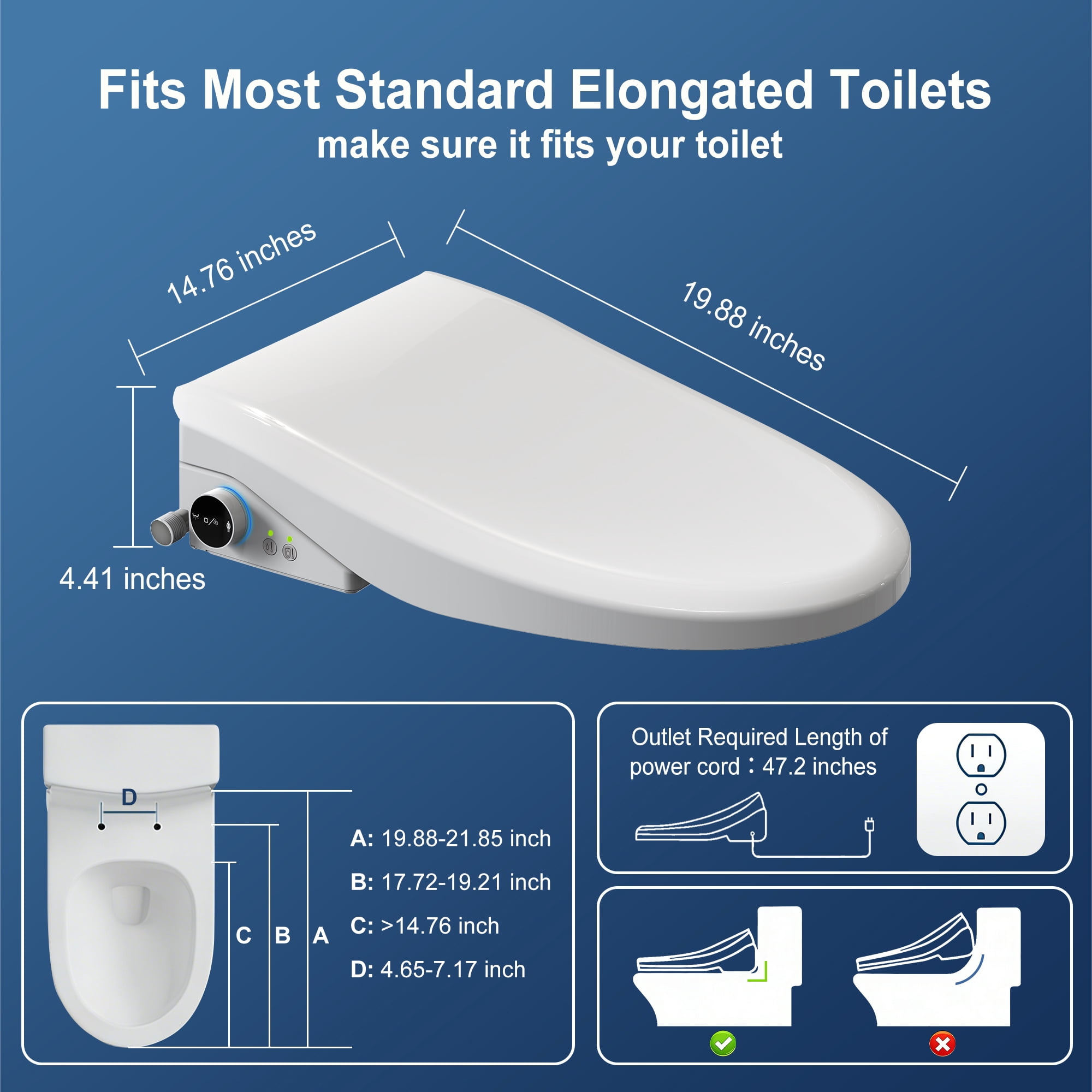 WHALLULTRA Elongated Bidet Toilet Seat with Remote Control, Heated Seat Smart Toilet Seat, Instant Warm Water, Stainless Steel Nozzle, White
