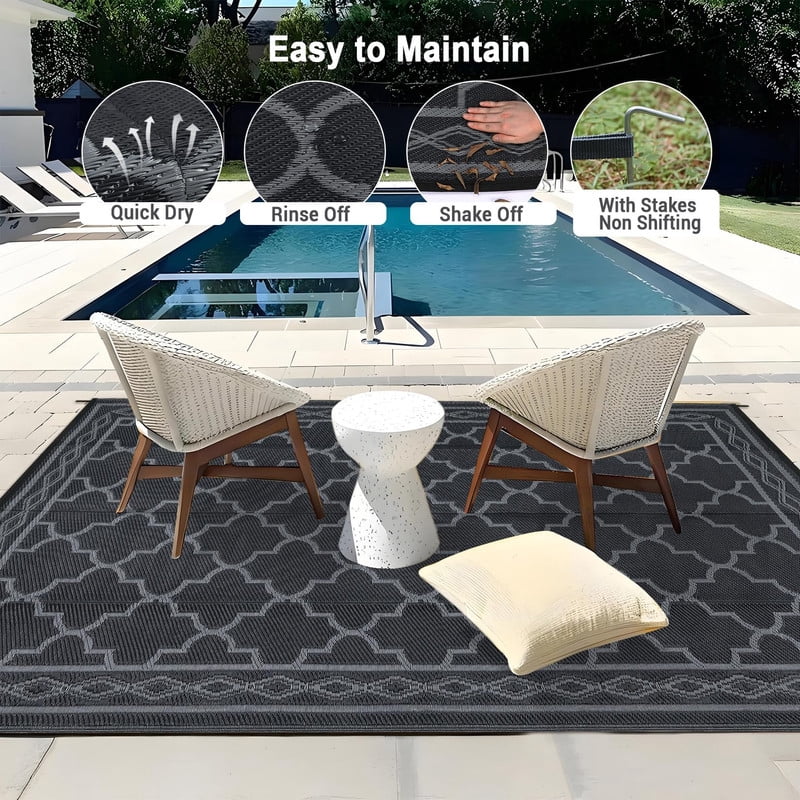 Towallmark 8x10 Outdoor Rug Waterproof, Reversible Patio Mat, Plastic Straw Area Rugs for Outside Deck Porch Balcony, Foldable Carpet for RV Camping Beach Picnic, Black&Grey