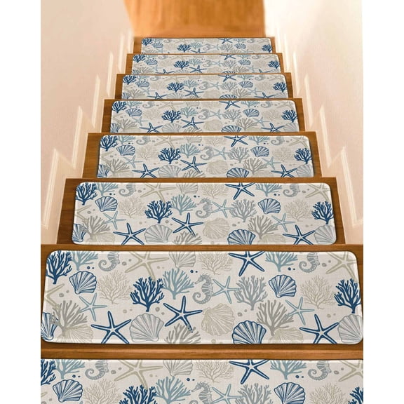 Stair Treads for Wooden Steps, Blue Beige Coastal Peel Stick Stair Treads with Adhesive, Summer Beach Starfish Coral Nautical Rustic Non Slip Indoor Stairs Runner Rugs Mats for Elders Dogs 8"x30"7PCS