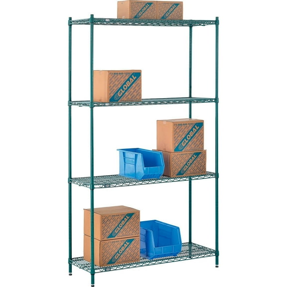 Nexel 4 Shelf Poly-Green Wire Shelving Unit Starter 48""W x 14""D x 86""H
