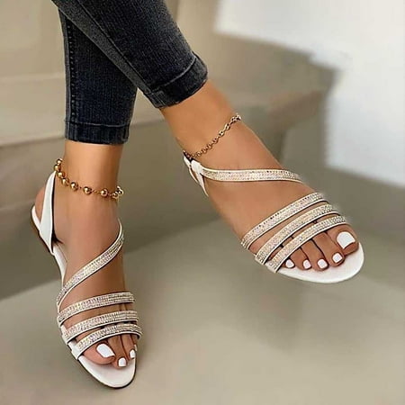 

QWANG 2023 Women Fashion Flat Large Size Casual Sandals Beach Shoes Women Sandals Silver