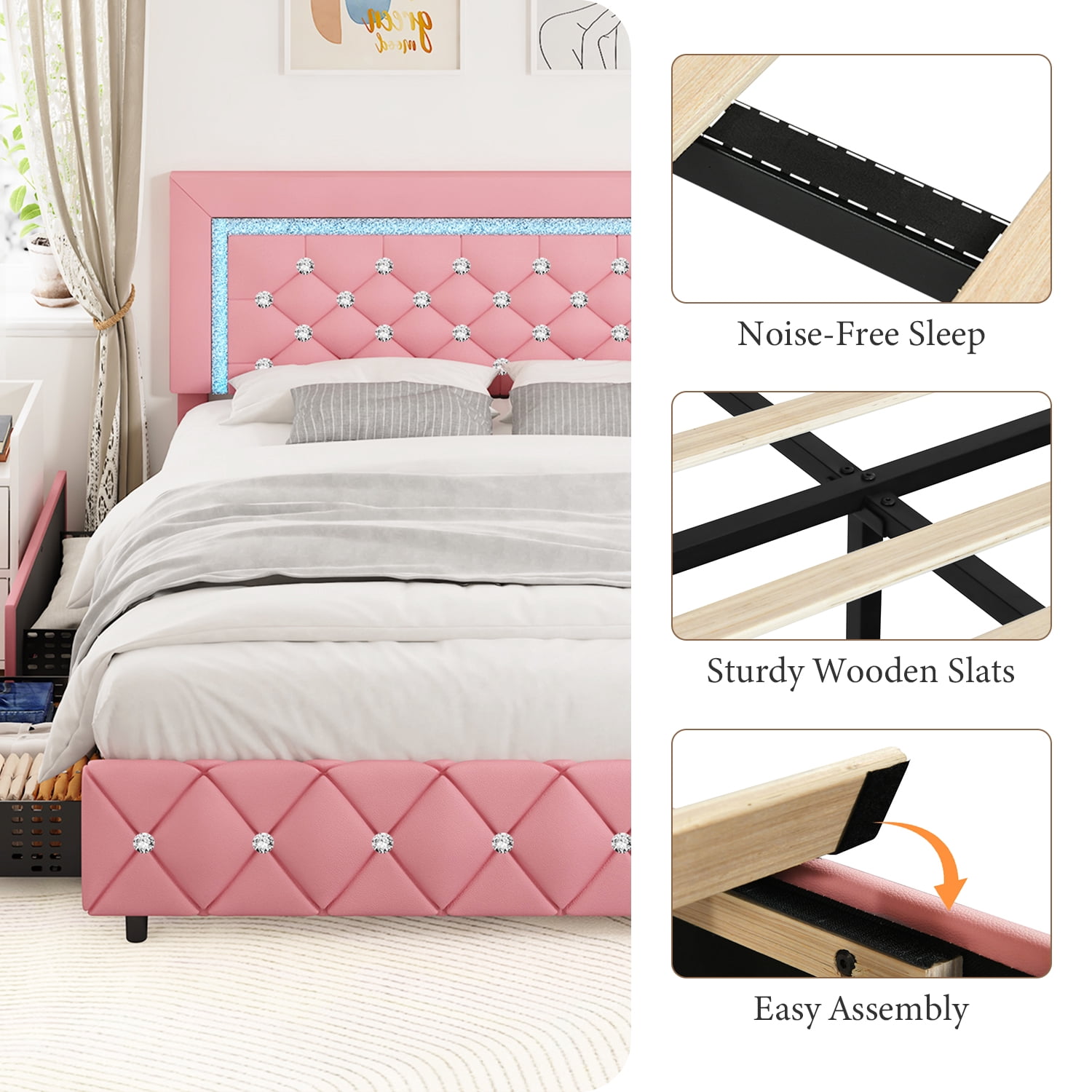 4 Ever Winner Twin Size Pink LED Bed Frame, Upholstered Diamond