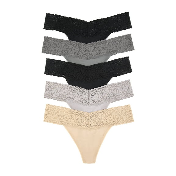 Felina Super Stretchy Lace Top Low Rise Thong | 5-Pack (Neutral Combo, L/XL)
