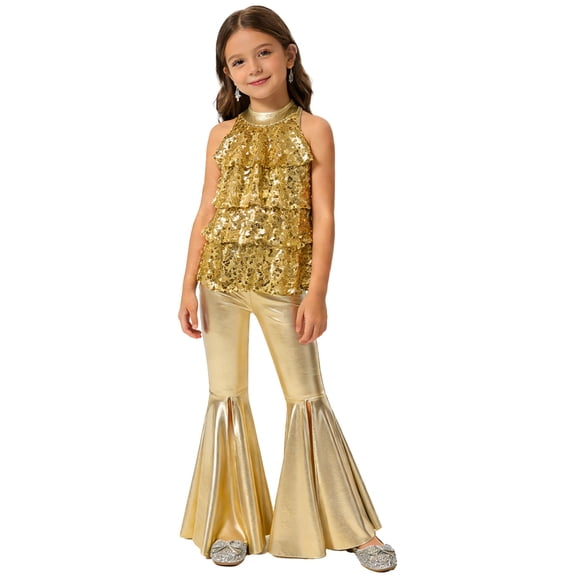 SiiRoh Girls Halter Backless Sparkly Sequins Leotard with Split Bell-Bottom Metallic Pants 2Pcs Jazz Dance Outfits Gold 6