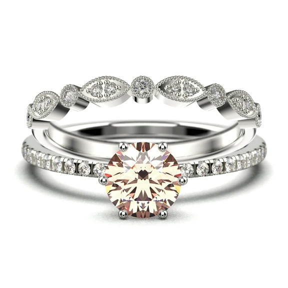 Beautiful Art Deco 1.75 Carat Round Cut Morganite And Diamond Moissanite Engagement Ring, Wedding Ring, One Matching Band in 10k Solid White Gold, Gift For Her Gift For Girlfriend Promise Ring