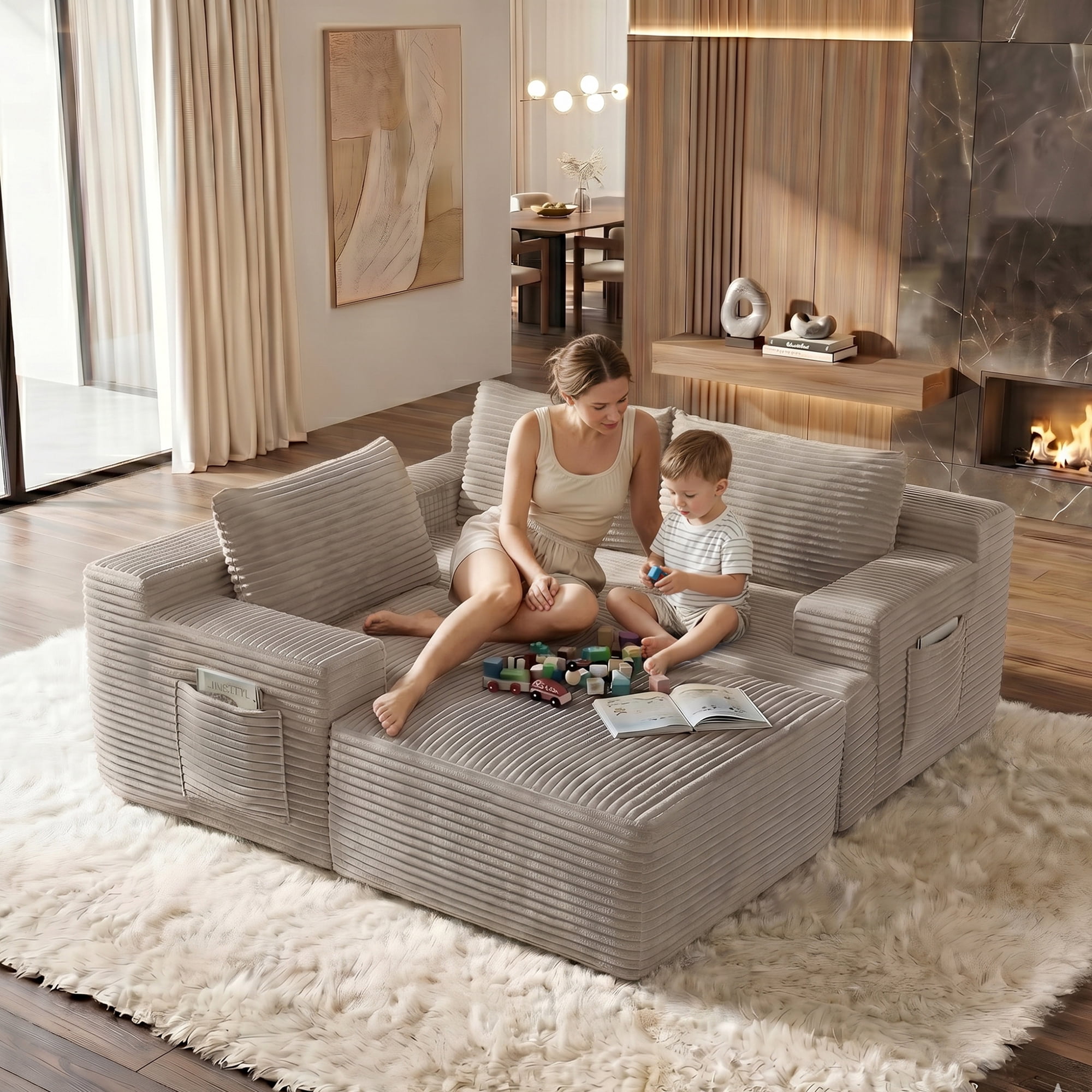 Aukfa 96" Cloud Sectional Couch, Modular L Shaped Boneless Sofa with Left Facing Chaise&2 Storage Pockets, Camel