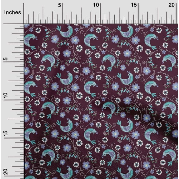 oneOone Silk Tabby Fabric Leaves|Floral & Bird Artistic Decor Fabric Printed BTY 42 Inch Wide