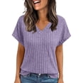 thumbnail image 2 of Women's V Neck Ribbed Knit Top Short Sleeve Soft Loose Fit Basic Casual Spring Summer Daily Tops By Yigetop Light Violet S, 2 of 4