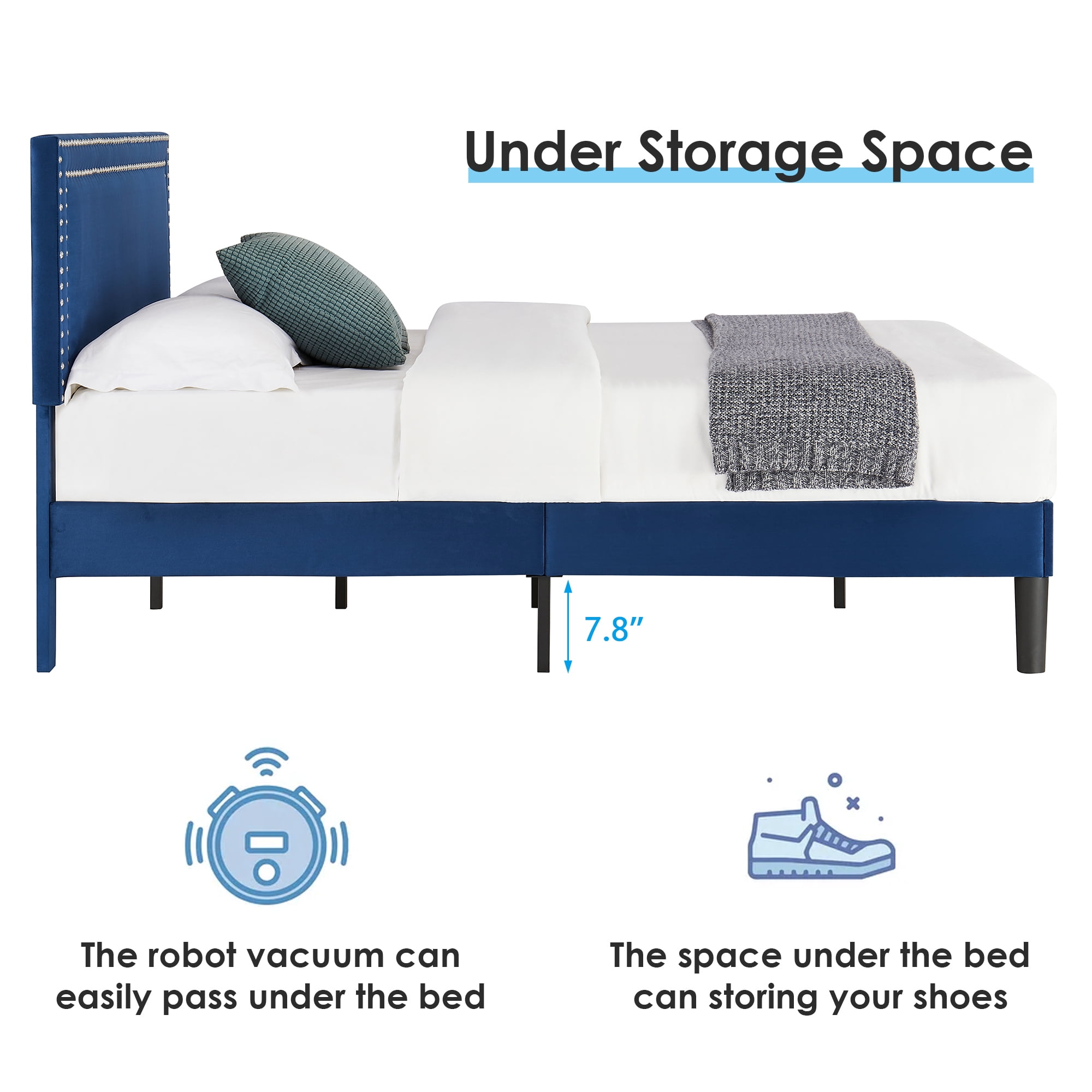 VECELO Full Size Platform Bed Frame with Adjustable Height Upholstered Headboard, Strong Wood Slat Support, No Box Spring Needed, Dark Blue